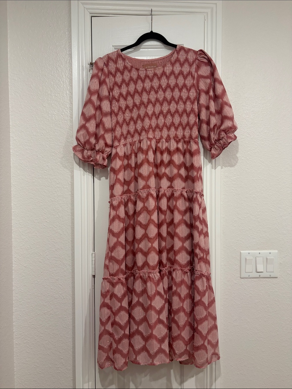 JessaKae Pink Patterned Tiered Puff-Sleeve Dress